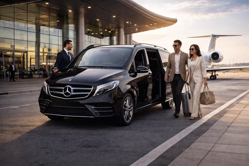 Schwarze Mercedes V-Klasse vor einem Flughafengebäude