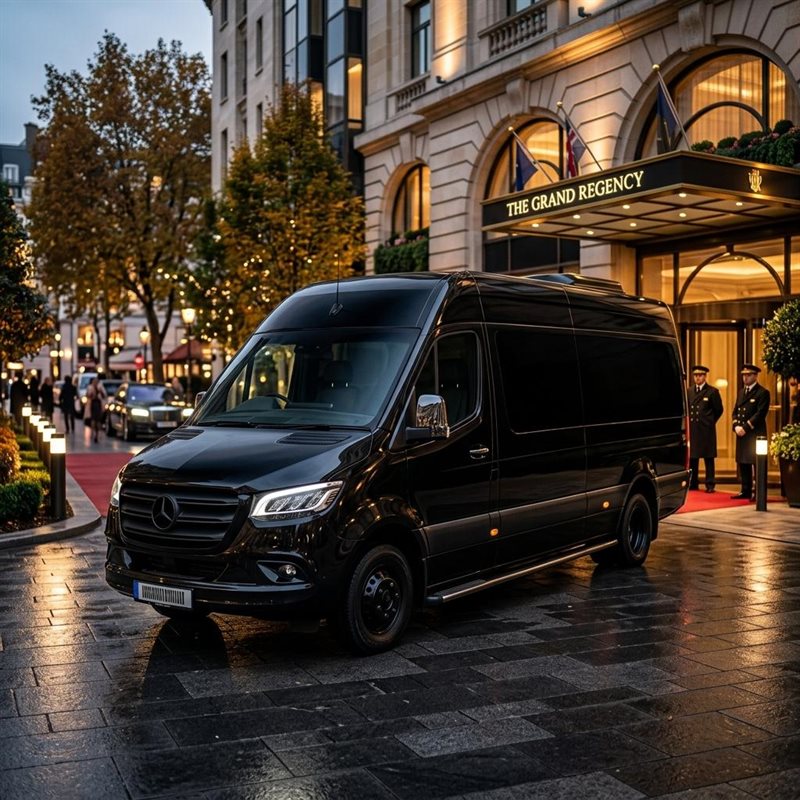 Schwarzer Mercedes Sprinter vor einem Hotel